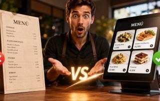 Carta digital vs carta en papel en un restaurante, comparando un menú impreso y un menú digital para elegir la mejor opción según el tipo de negocio