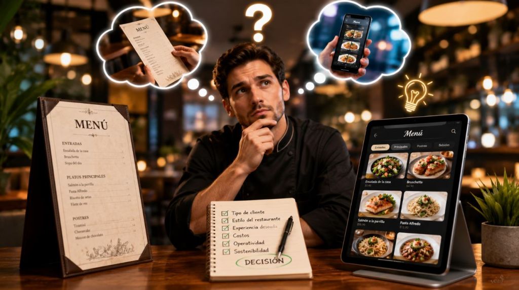Carta digital vs carta en papel en un restaurante, comparativa entre un menú impreso y un menú digital para elegir la mejor opción según el tipo de establecimiento.