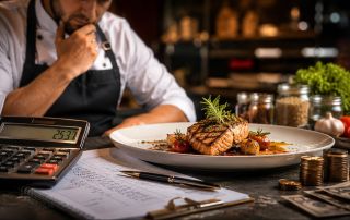 Cómo calcular el coste real de un plato paso a paso con chef analizando un escandallo, calculadora, ingredientes y precio de venta