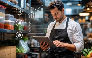 Cómo controlar el stock de un restaurante con un chef revisando el inventario desde una tablet en la cocina