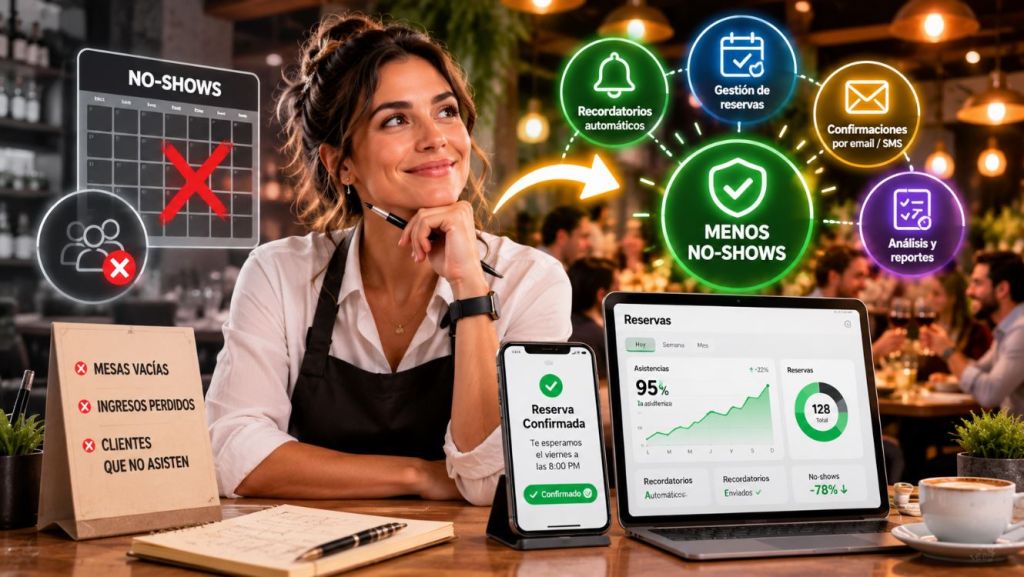 Cómo reducir los no-shows en restaurantes con herramientas de reservas, confirmaciones automáticas y recordatorios para aumentar la asistencia de los clientes.