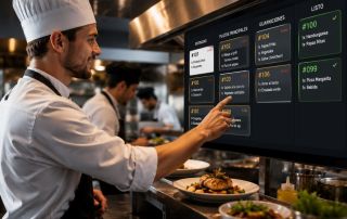 Qué es un KDS chef utilizando un Kitchen Display System para gestionar pedidos en tiempo real en la cocina de un restaurante