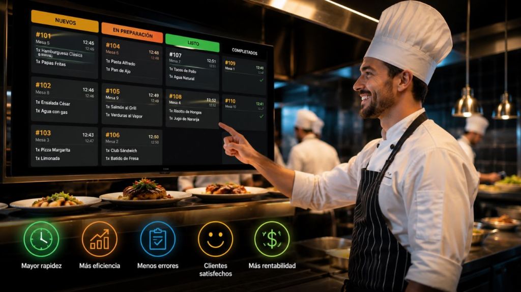 Chef utilizando un Kitchen Display System (KDS) para gestionar pedidos en la cocina de un restaurante.