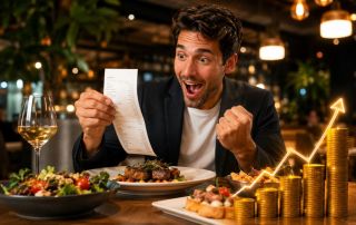 Cliente satisfecho disfrutando una excelente experiencia en un restaurante, mientras un camarero ofrece un servicio de calidad para aumentar el ticket medio del restaurante
